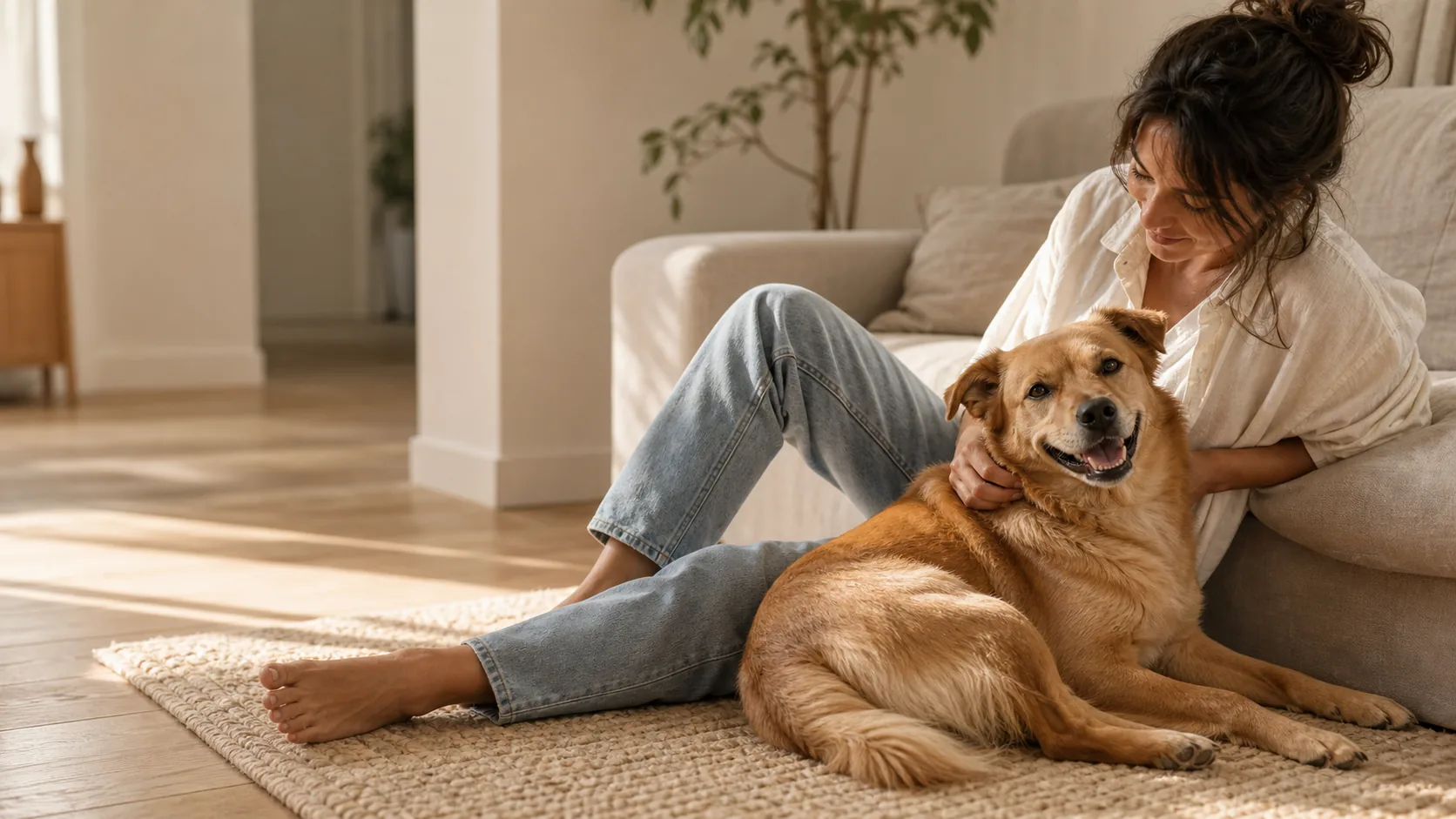 A person relaxing at home with a golden-brown dog in warm morning light