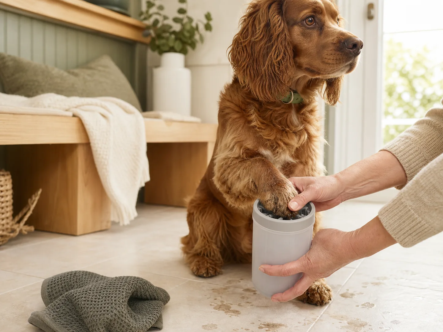 A dog's paw being gently cleaned near a home entryway