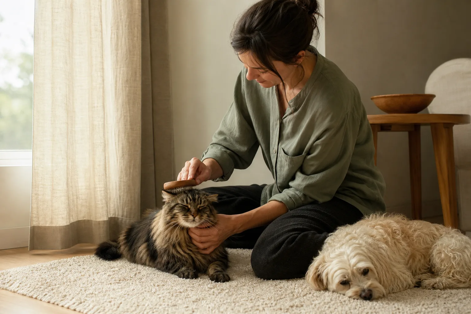 A person gently brushing a cat while a small dog rests nearby